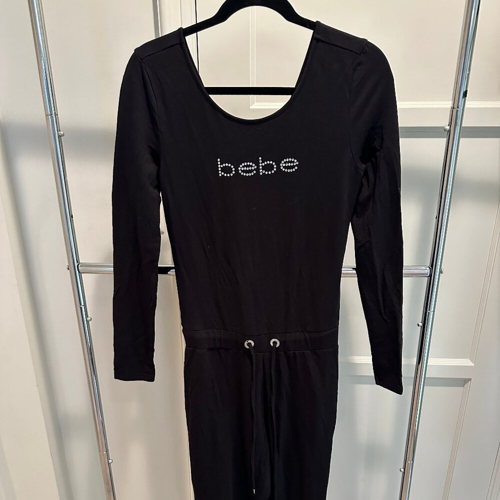 bebe Black Rhinestone Logo Long Sleeve Drawstring Jumpsuit, Size Small